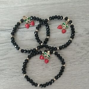 Black Beaded Bracelets with Cherry Charms